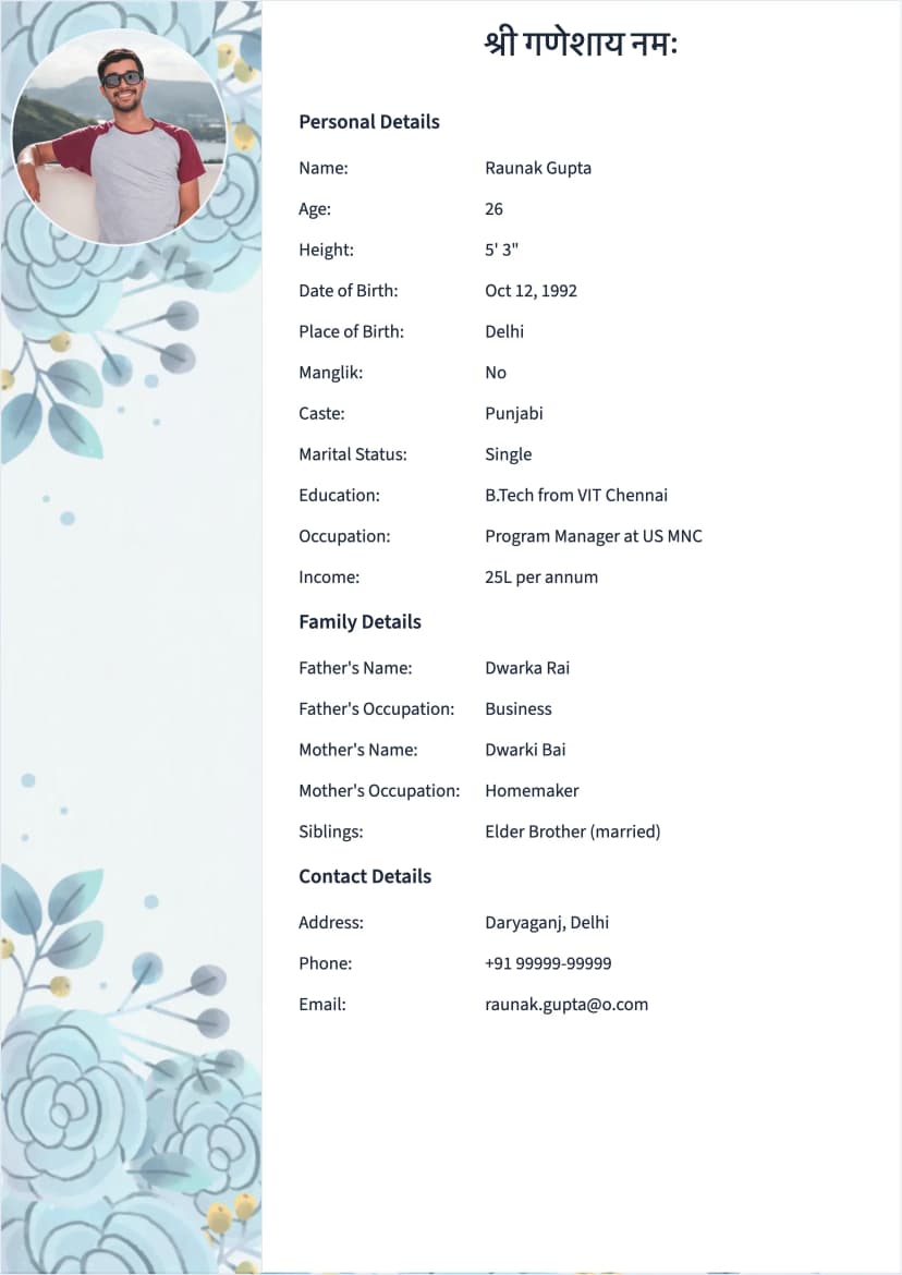 Aster Marriage Biodata Template