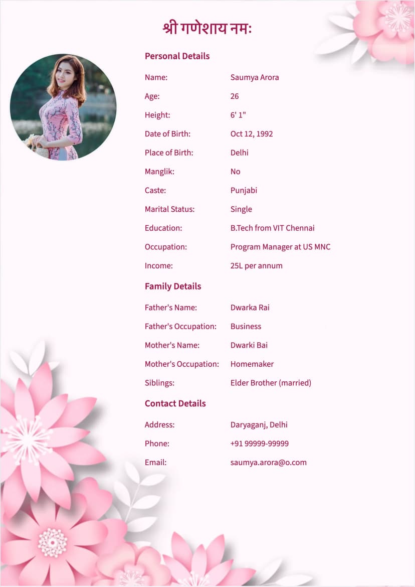 Lily Marriage Biodata Template