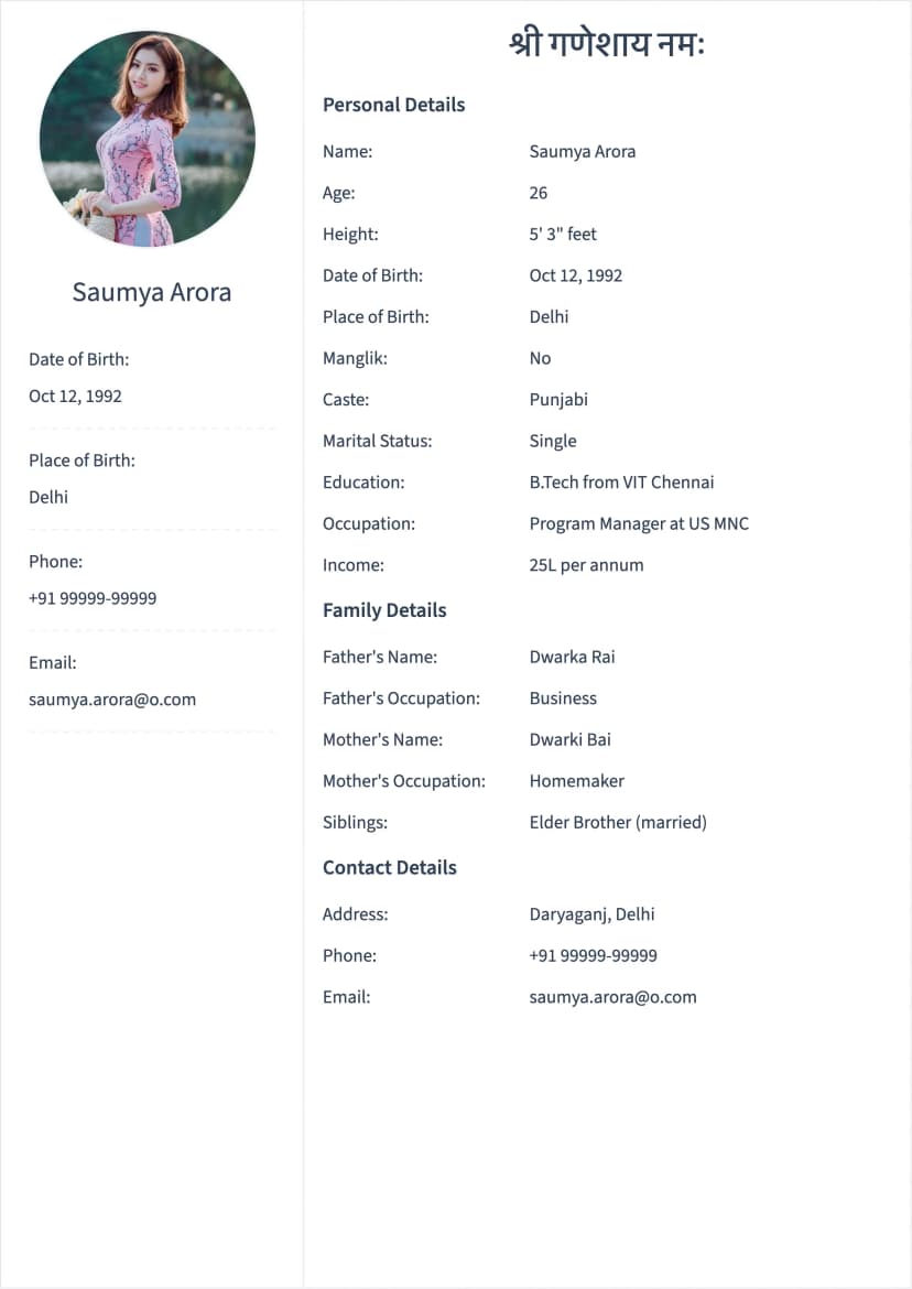 Sunshine Marriage Biodata Template